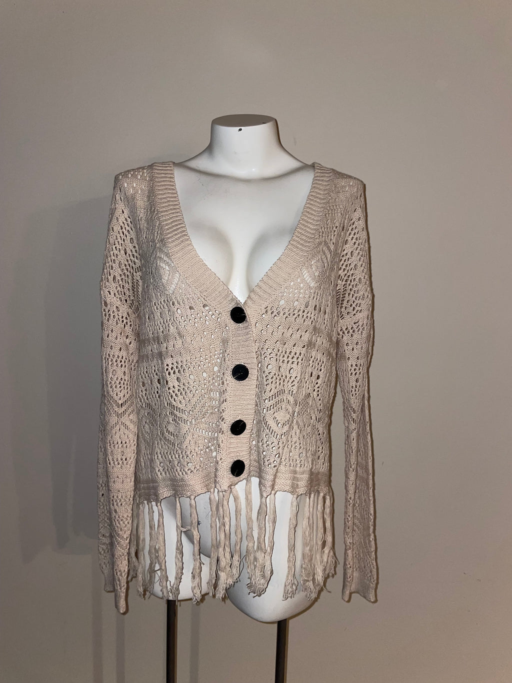Listicle SIZE MEDIUM, fringe tipped sweater
